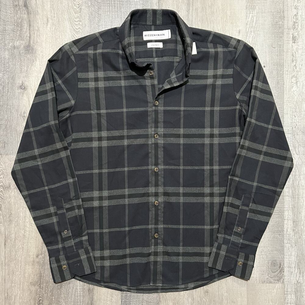 Mizzen + Main Shirt Mens L Black Gray Plaid Long Sleeve Button Down FL-3002